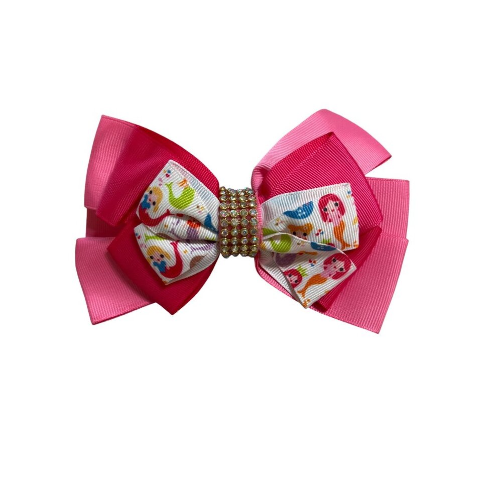 Grosgrain Hair Barrette Bow Pink Mermaids Clear Rhinestones Alligator Clip 5.5"